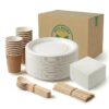 250 Pcs Disposable Dinnerware Set | 12 Inch Sugarcane Bagasse Plates,Wooden Spoons & Stirrers, 210ml Ripple Cups & Tissue Paper | Eco Friendly Biodegradable Plates for Parties