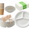 380 Pcs Disposable Dinnerware Set | 10 Inch 3 Compartment Disposable Plates (70), 180ml Bowls (70), 210ml Ripple Cups (70), 6.3 Inch Wooden Spoons (70), Tissue Paper (100) | for Parties