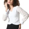 Women's V-Neck Full Sleeve Crop Top White