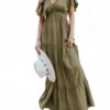 Women's Casual Short Sleeve V Neck Floral Chiffon Maxi Dresses Summer High Waist Boho Beach Flowy Ruffle Long Dress