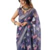 Women's Linen Weaving Border Printed Saree with Unstitched Blouse Piece